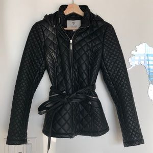 Guess Black Quilted Faux Leather Jacket with Hood